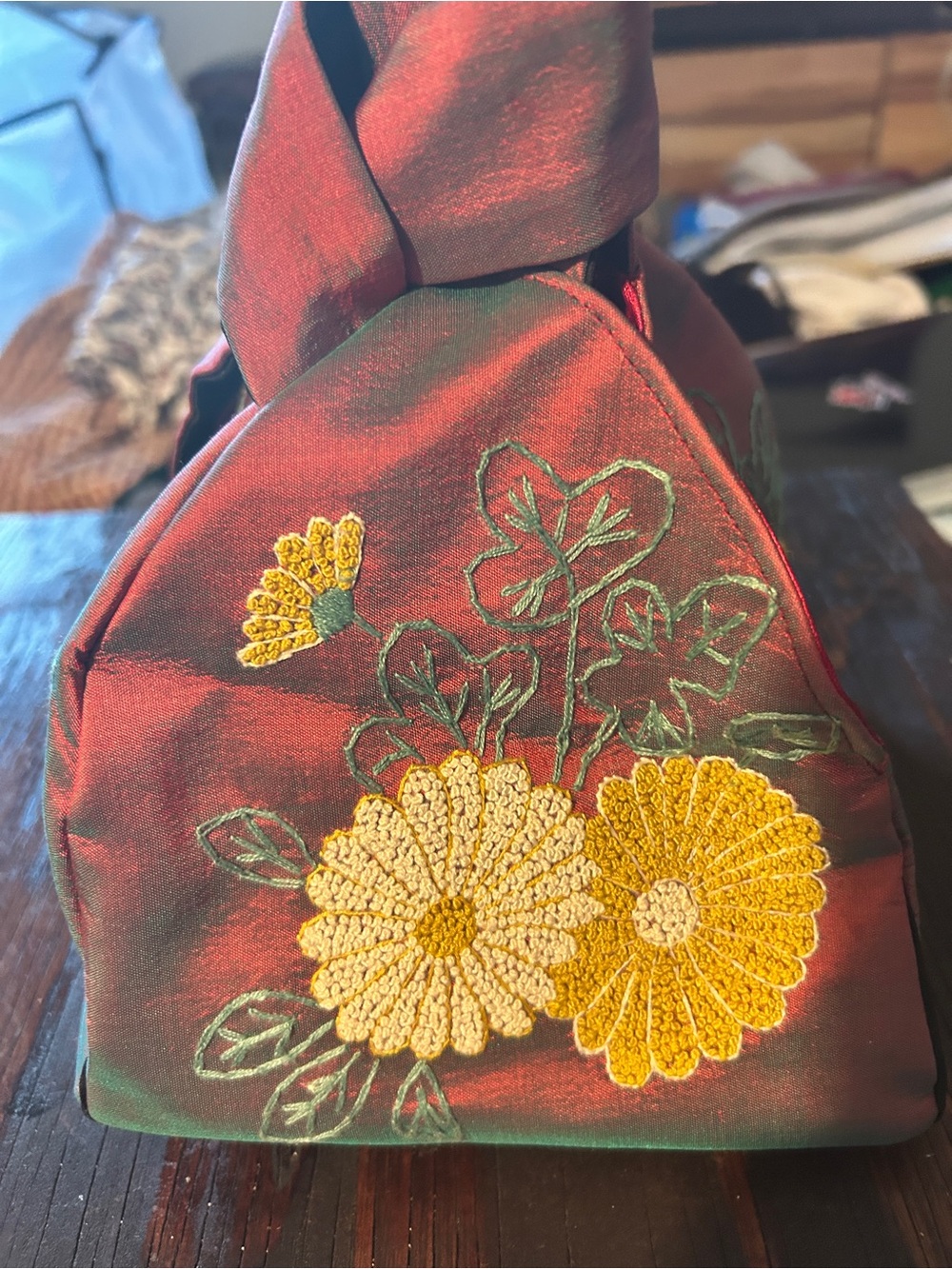 Vintage Embroidered Floral Knot-Handle Women’s Bag - Red with Yellow Flowers